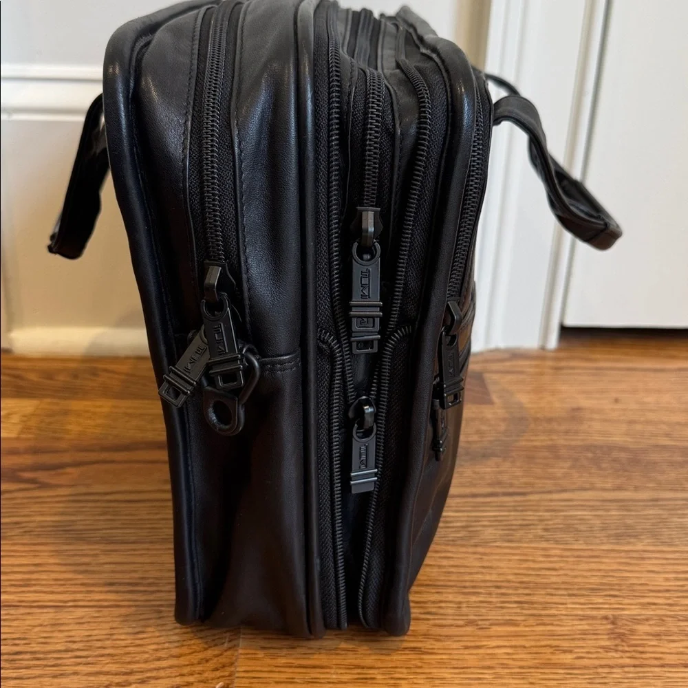 TUMI | Alpha Leather Briefcase | Black Multi-Zip Laptop Bag | OS